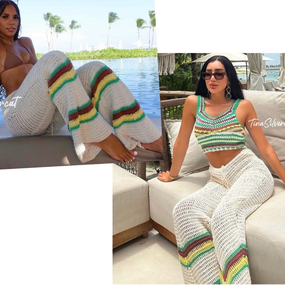 Zara crochet knit Rasta pants drawstring beach coverup Sz M NWOT summer vacation - Picture 5 of 14
